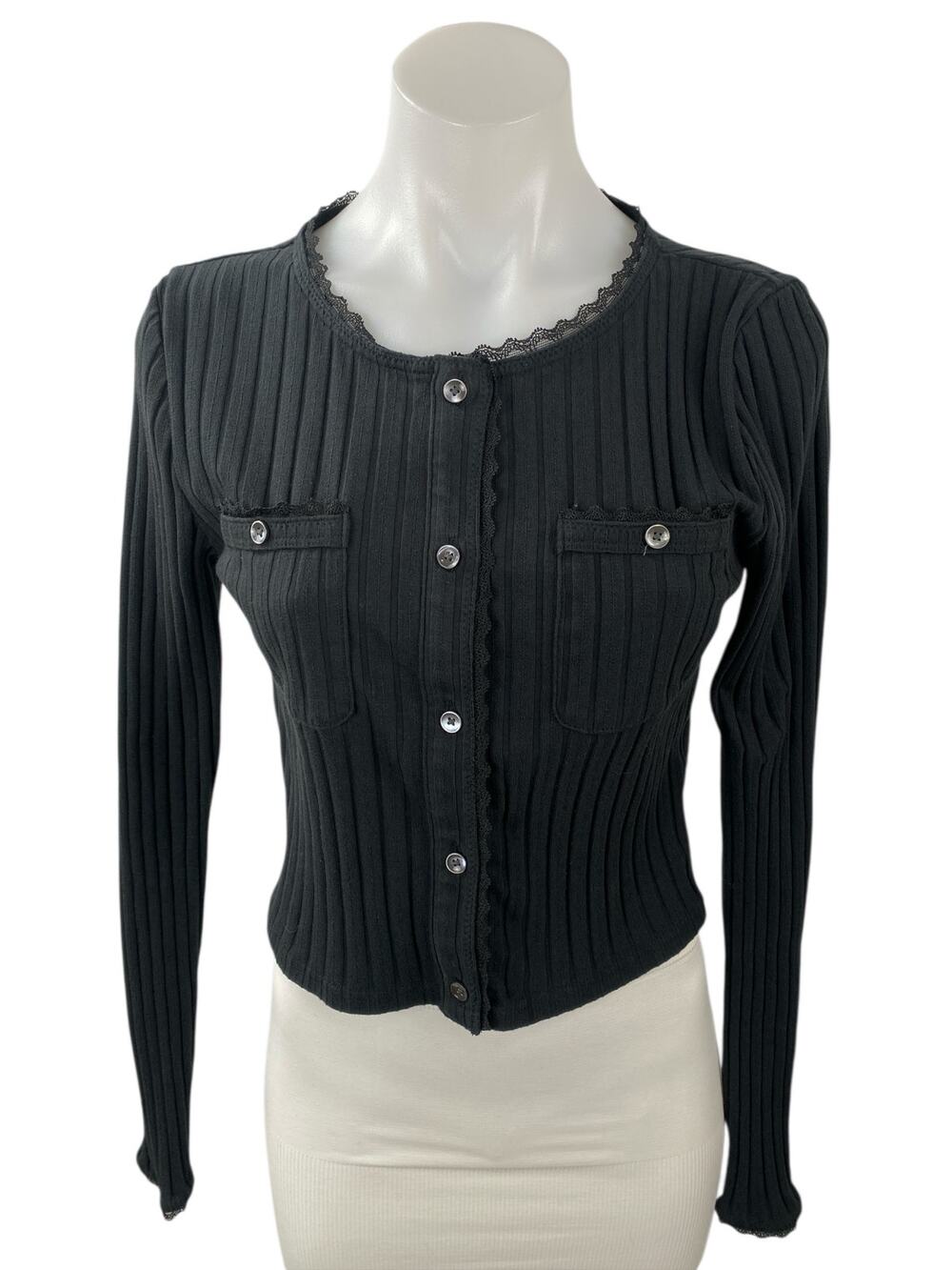 J.Crew Pointelle Black Ribbed Lace Trim Button Down Crop Cardigan Sweater Top S